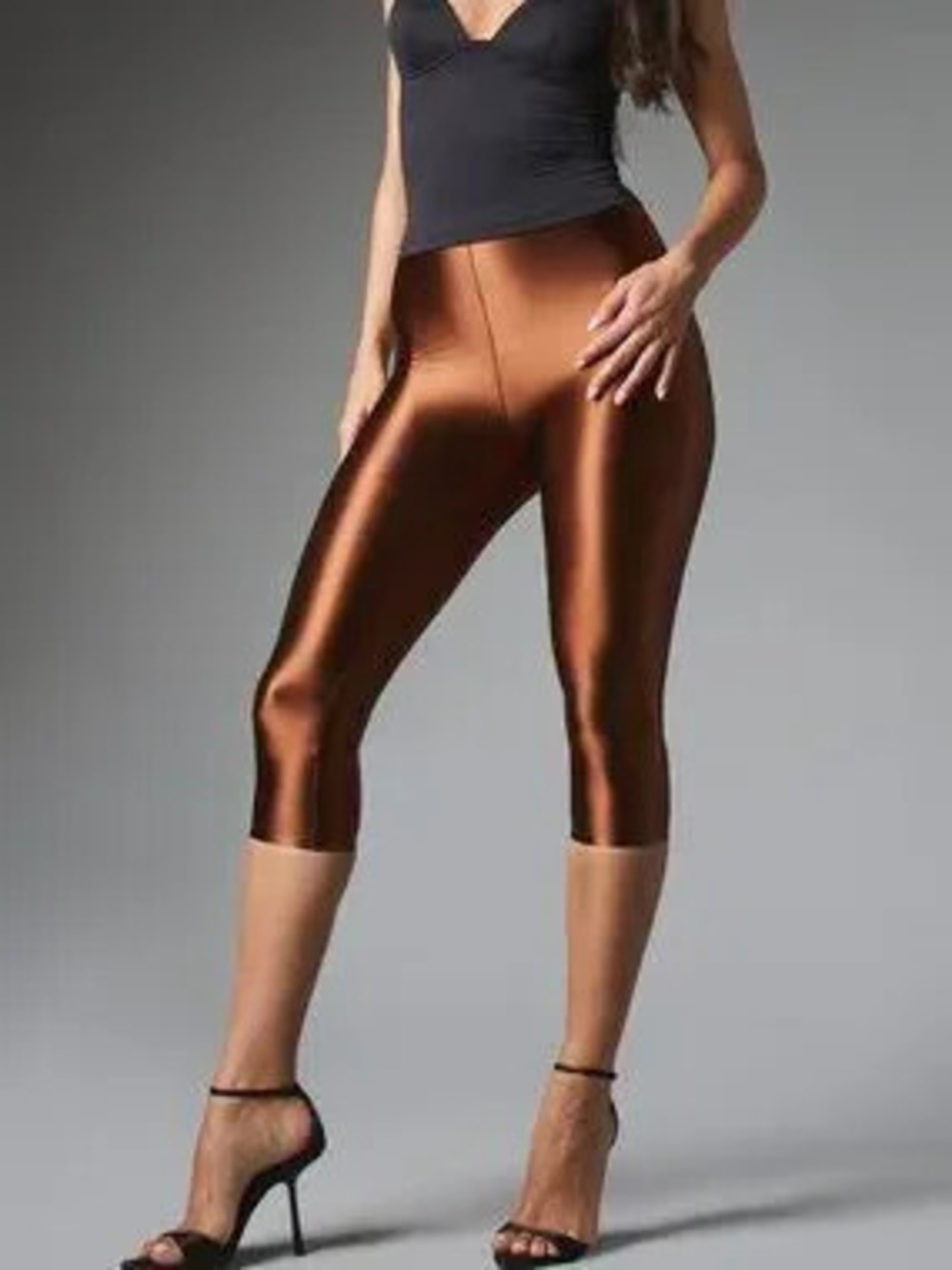 ZARA Coffee Brown Casual Women's Elastic Waist Plain Skinny Capri Bottoms